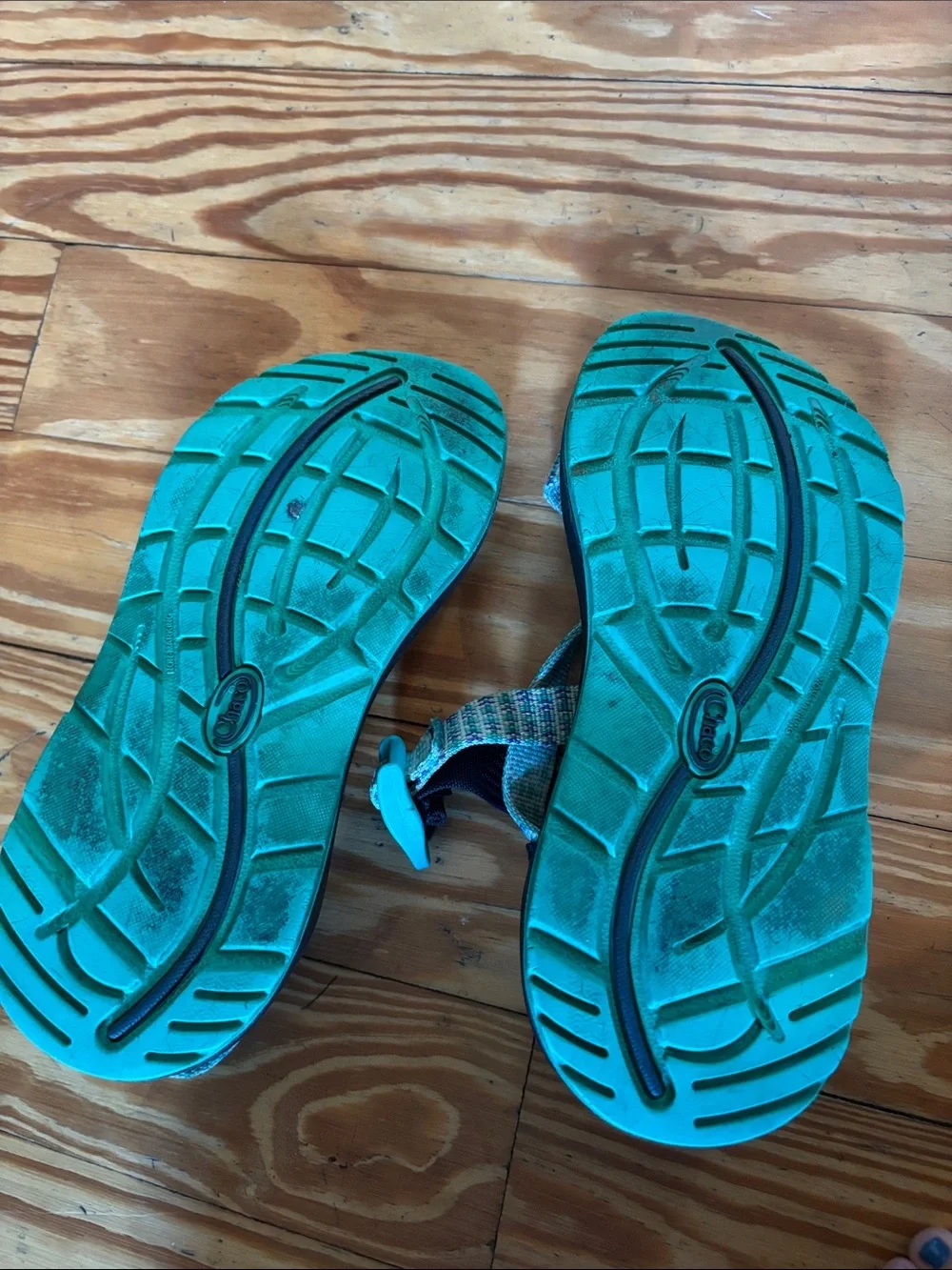 Chaco Teal Patterned Strap Sandals with Black Footbed